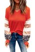 V Neck Leopard Stripe Splice Lantern Sleeve Top