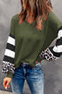 V Neck Leopard Stripe Splice Lantern Sleeve Top
