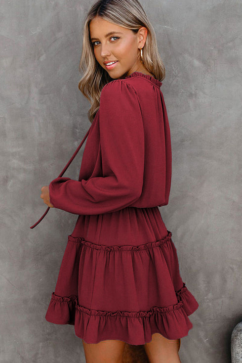 V Neck Long Sleeve Ruffle Tiered Mini Dress