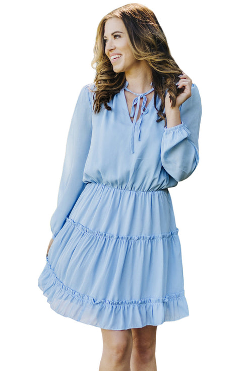 V Neck Long Sleeve Ruffle Tiered Mini Dress