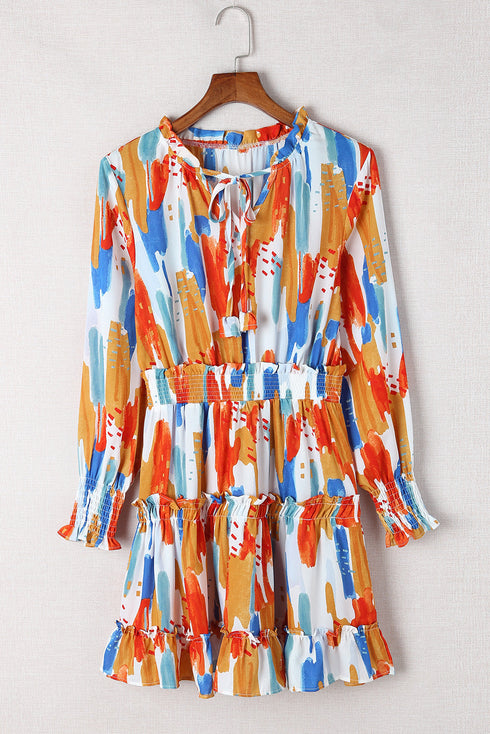 V Neck Long Sleeve Tie Waist Mini Dress