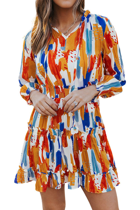 V Neck Long Sleeve Tie Waist Mini Dress