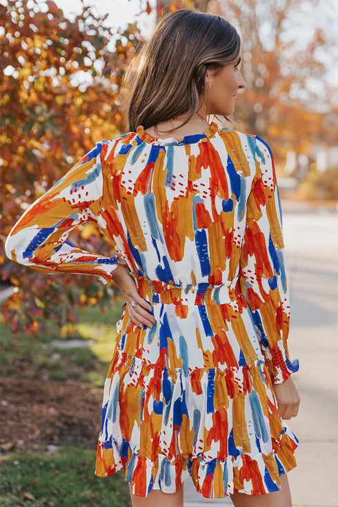 V Neck Long Sleeve Tie Waist Mini Dress