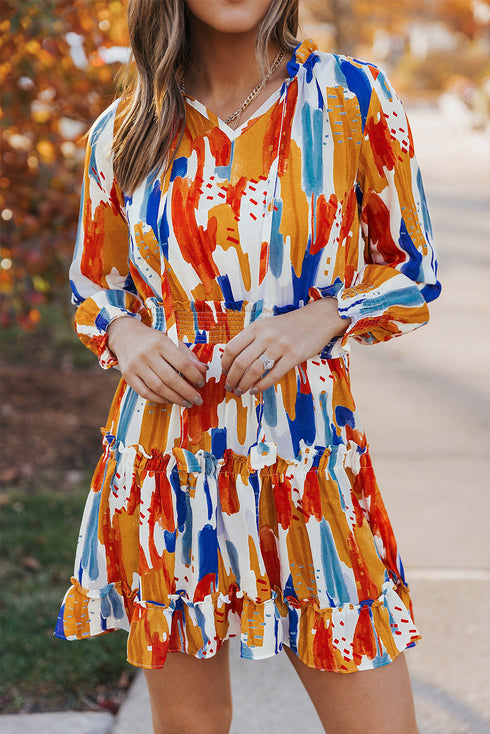 V Neck Long Sleeve Tie Waist Mini Dress