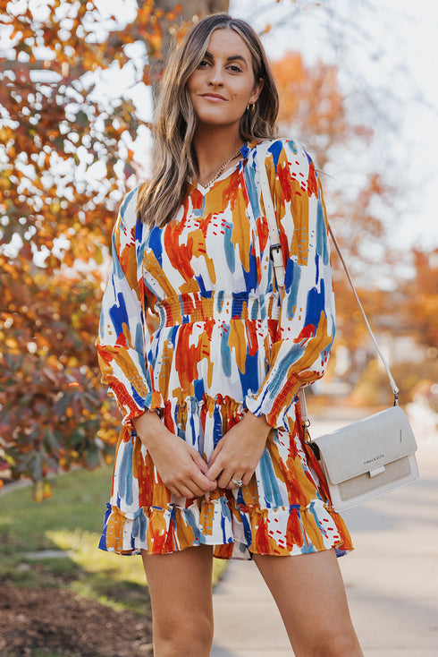 V Neck Long Sleeve Tie Waist Mini Dress