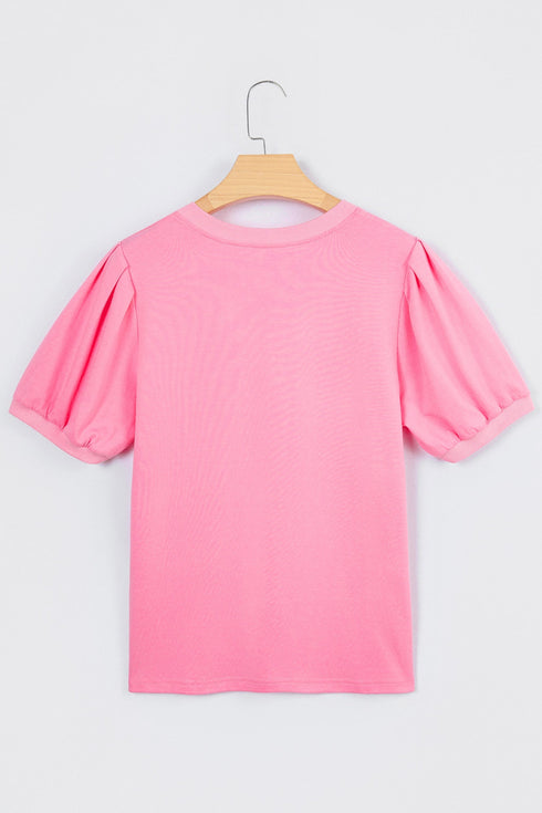 V Neck Puff Sleeve Sequin Mama Heart Graphic Top