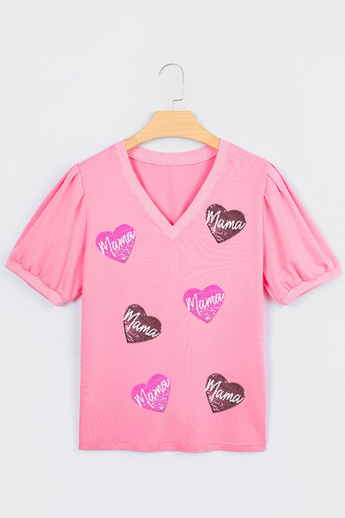 V Neck Puff Sleeve Sequin Mama Heart Graphic Top