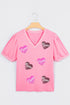 V Neck Puff Sleeve Sequin Mama Heart Graphic Top
