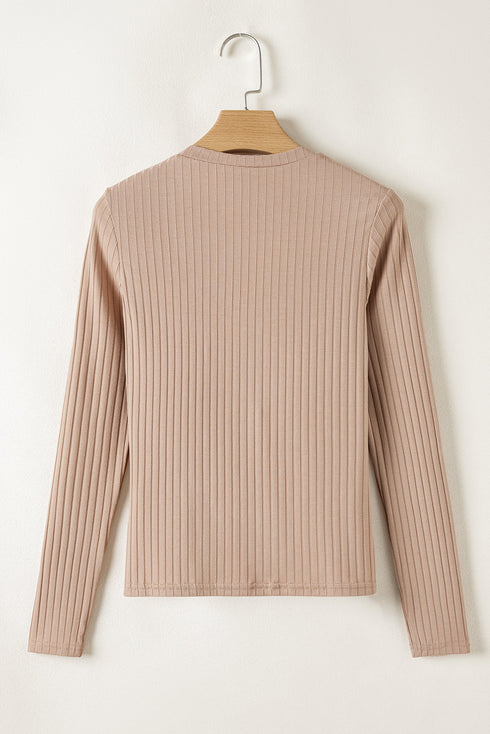 V Neck Ribbed Knit Long Sleeve Slim Fit Top