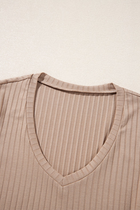 V Neck Ribbed Knit Long Sleeve Slim Fit Top