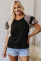 V Neck Ruffle Sleeve Leopard Print Patchwork Tee