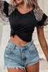 V Neck Ruffle Sleeve Leopard Print Patchwork Tee