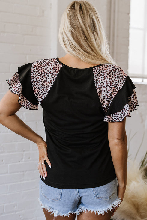 V Neck Ruffle Sleeve Leopard Print Patchwork Tee