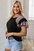 V Neck Ruffle Sleeve Leopard Print Patchwork Tee