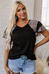 V Neck Ruffle Sleeve Leopard Print Patchwork Tee
