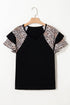 V Neck Ruffle Sleeve Leopard Print Patchwork Tee