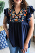 V Neck Ruffled Sleeve Floral Embroidered Babydoll Blouse