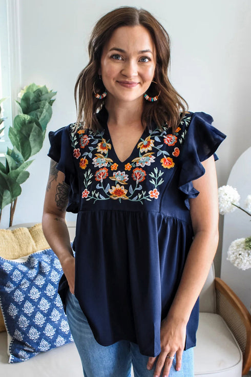 V Neck Ruffled Sleeve Floral Embroidered Babydoll Blouse