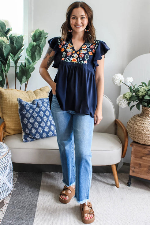 V Neck Ruffled Sleeve Floral Embroidered Babydoll Blouse