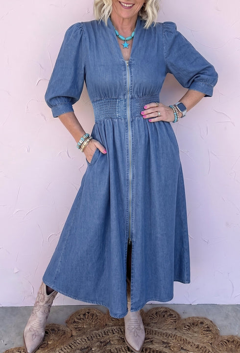 V Neck Shirred Waist Metal Zipper Denim Midi Dress