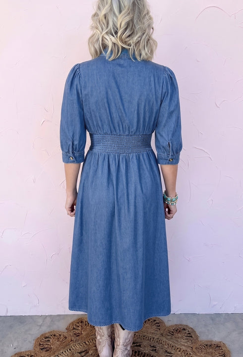 V Neck Shirred Waist Metal Zipper Denim Midi Dress