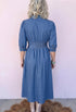 V Neck Shirred Waist Metal Zipper Denim Midi Dress