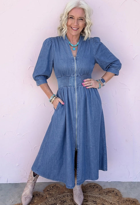 V Neck Shirred Waist Metal Zipper Denim Midi Dress