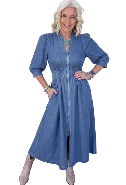 V Neck Shirred Waist Metal Zipper Denim Midi Dress