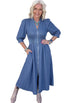 V Neck Shirred Waist Metal Zipper Denim Midi Dress