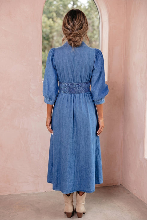 V Neck Shirred Waist Metal Zipper Denim Midi Dress