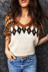 V Neck Short Sleeve Geometric Print Western Knit Sweater
