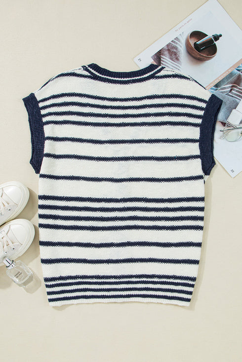 V Neck Striped Button Front Knit Sweater Vest