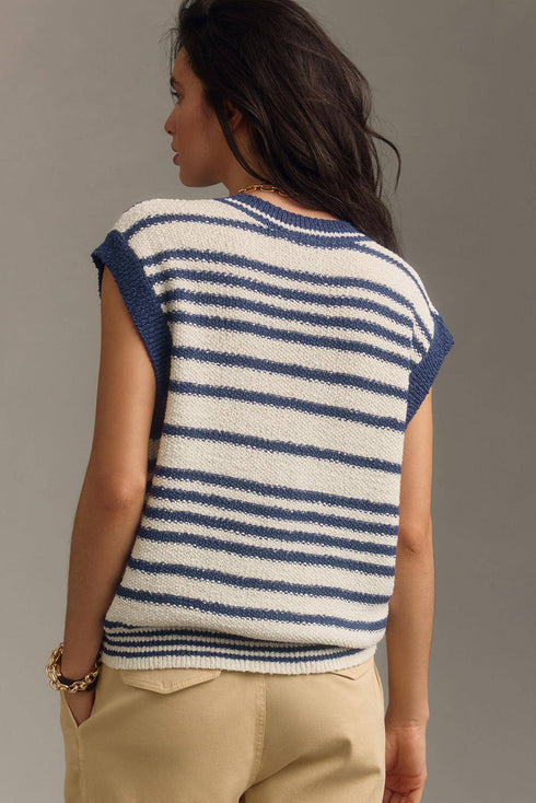 V Neck Striped Button Front Knit Sweater Vest
