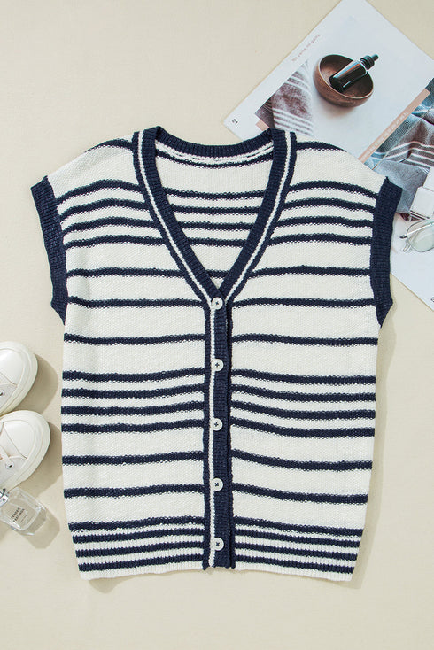 V Neck Striped Button Front Knit Sweater Vest