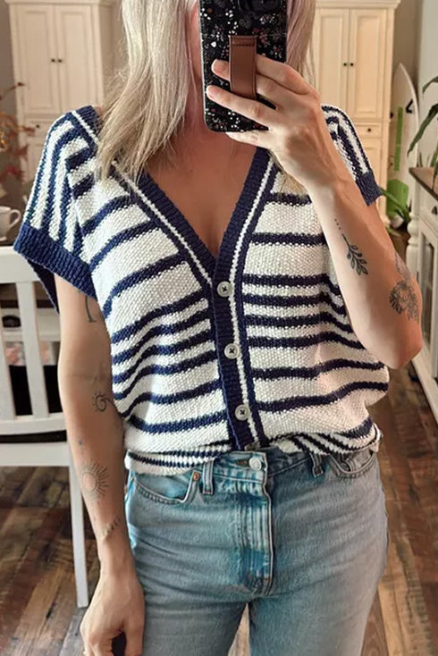 V Neck Striped Button Front Knit Sweater Vest
