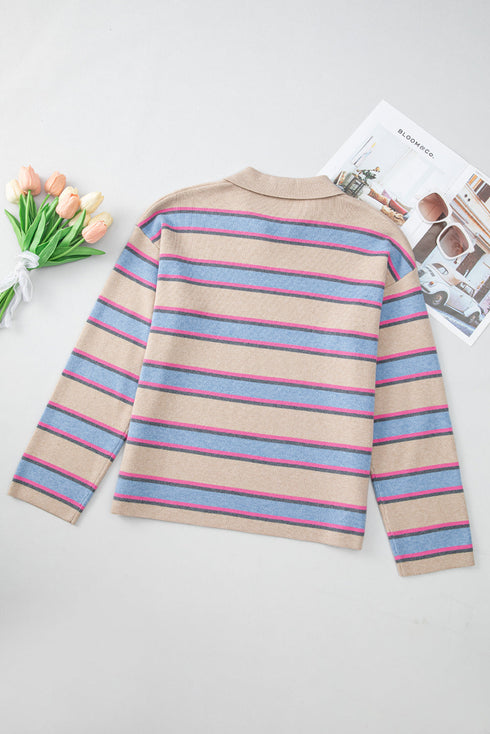 V Neck Striped Collared Long Sleeve Knit Sweater