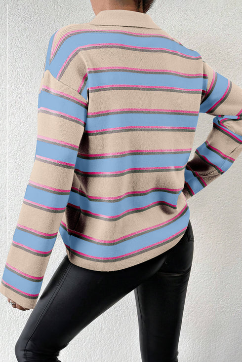 V Neck Striped Collared Long Sleeve Knit Sweater