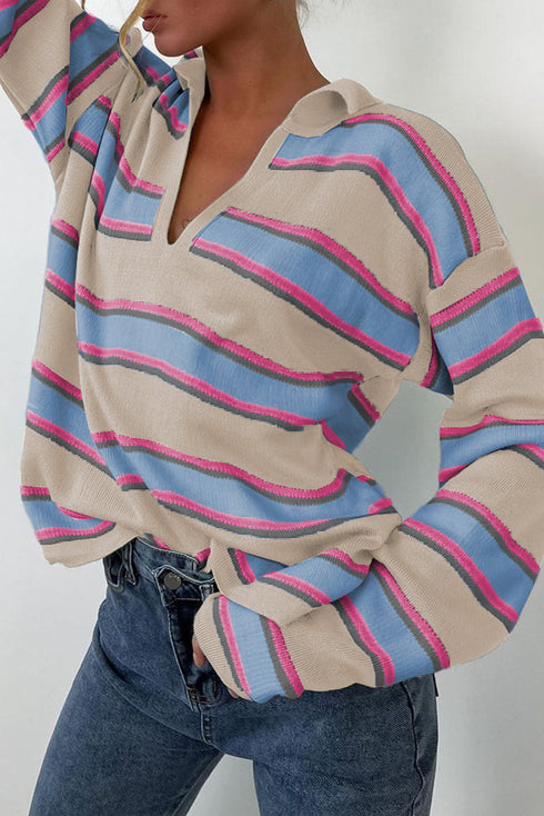 V Neck Striped Collared Long Sleeve Knit Sweater