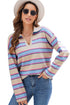 V Neck Striped Collared Long Sleeve Knit Sweater