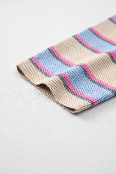 V Neck Striped Collared Long Sleeve Knit Sweater