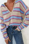 V Neck Striped Collared Long Sleeve Knit Sweater