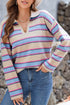 V Neck Striped Collared Long Sleeve Knit Sweater