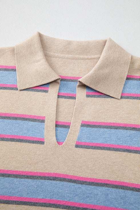 V Neck Striped Collared Long Sleeve Knit Sweater