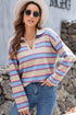 V Neck Striped Collared Long Sleeve Knit Sweater