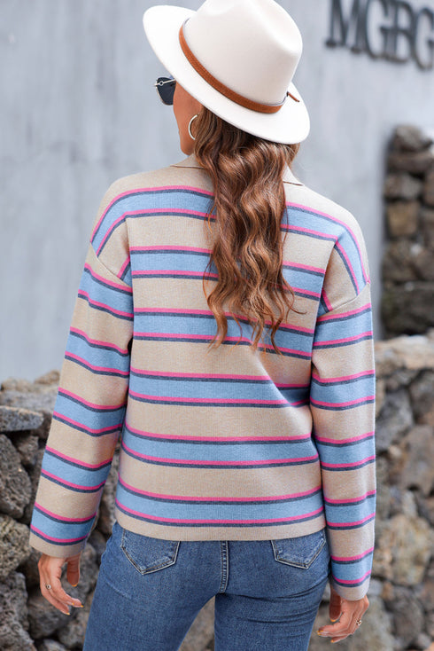 V Neck Striped Collared Long Sleeve Knit Sweater