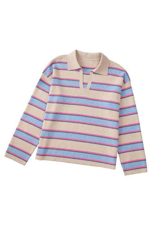 V Neck Striped Collared Long Sleeve Knit Sweater