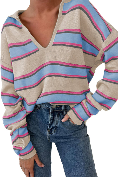 V Neck Striped Collared Long Sleeve Knit Sweater