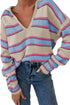 V Neck Striped Collared Long Sleeve Knit Sweater