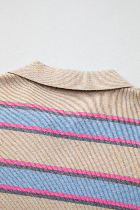 V Neck Striped Collared Long Sleeve Knit Sweater