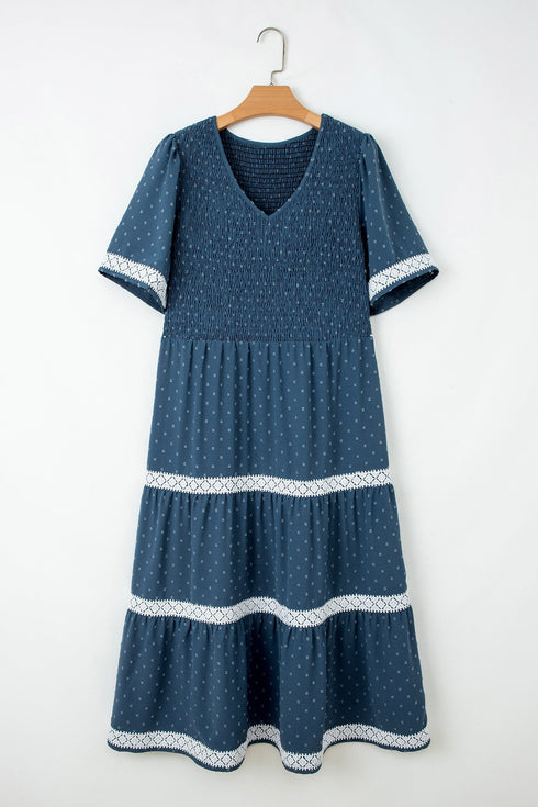 V Neck Swiss Dot Smocked Patchwork Midi Dress